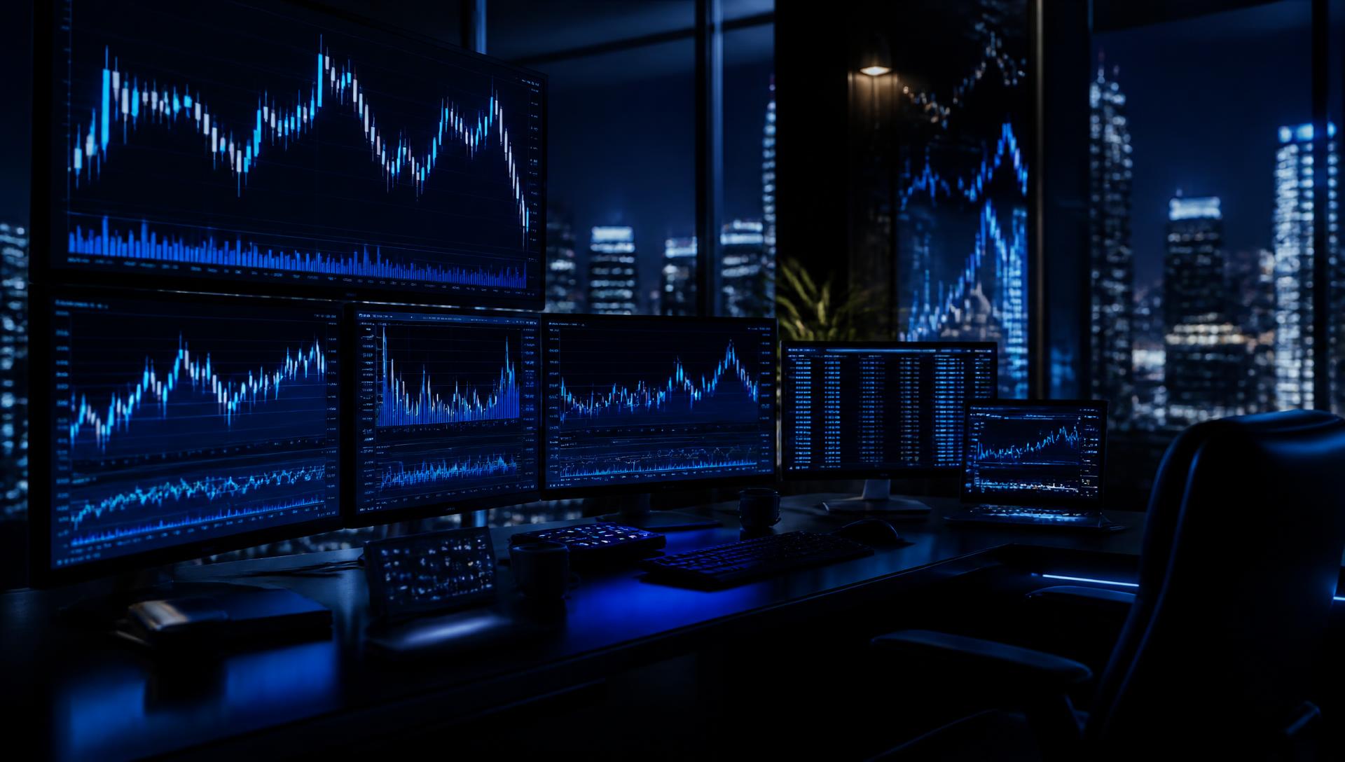 Futures trading charts glowing in electric blue